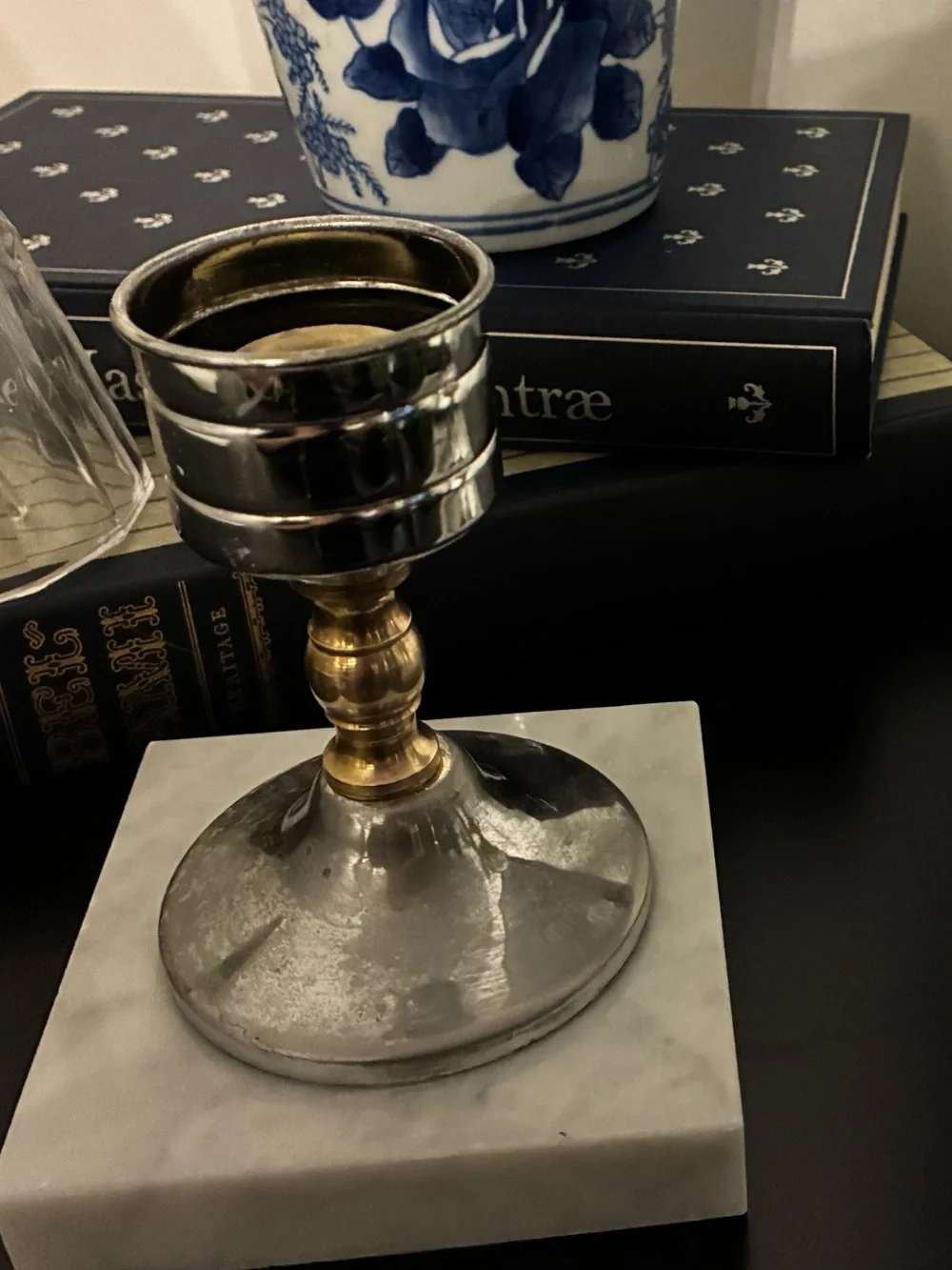 Vintage MCM Marble & Brass Metal Candlestick Holders Pair Hollywood Regency